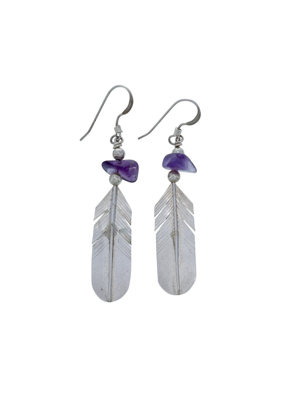 Vintage Sterling Silver 925 Amethyst Feather Dangle Earrings